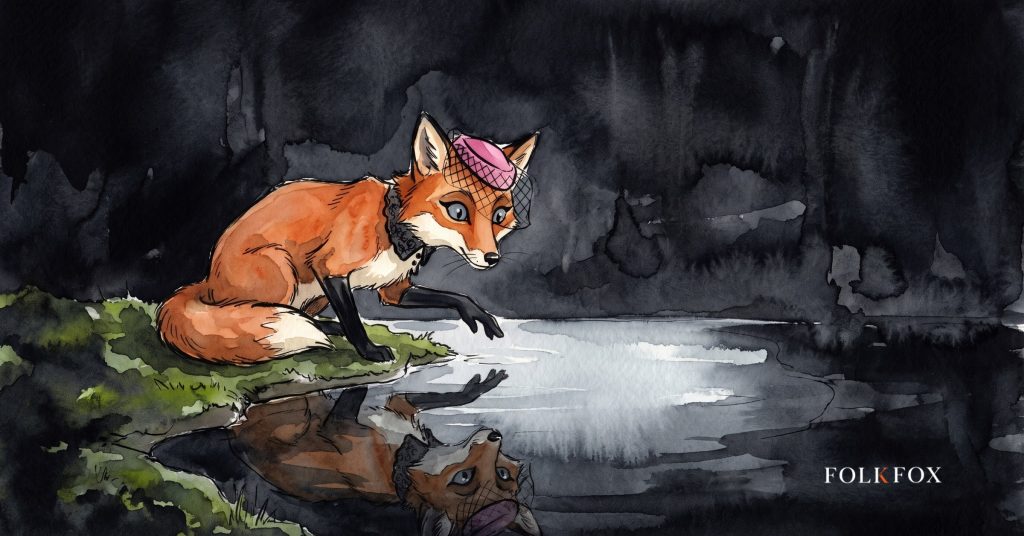 An ink-drawn fox studying her own reflection in a still forest pool, illustrating a ruling that called the feed a mirror