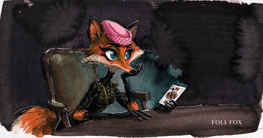 An ink-drawn fox in a folkfox forest beside a card, illustrating sports betting advertising.