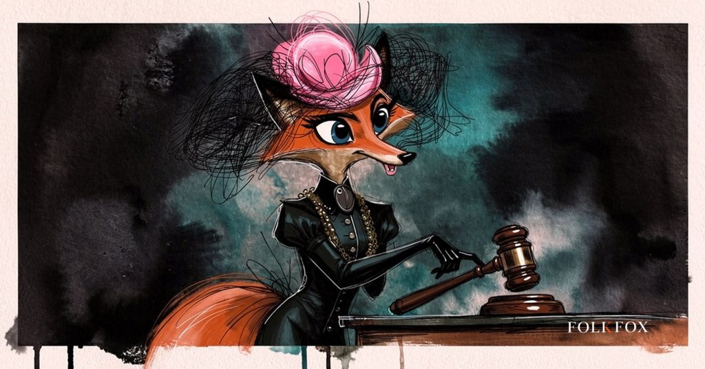 A watercolour fox beside a gavel and a glowing phone screen, sports betting advertising compliance