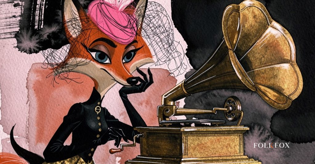 A watercolour fox beside a gramophone mid-track, podcast advertising and the skip button