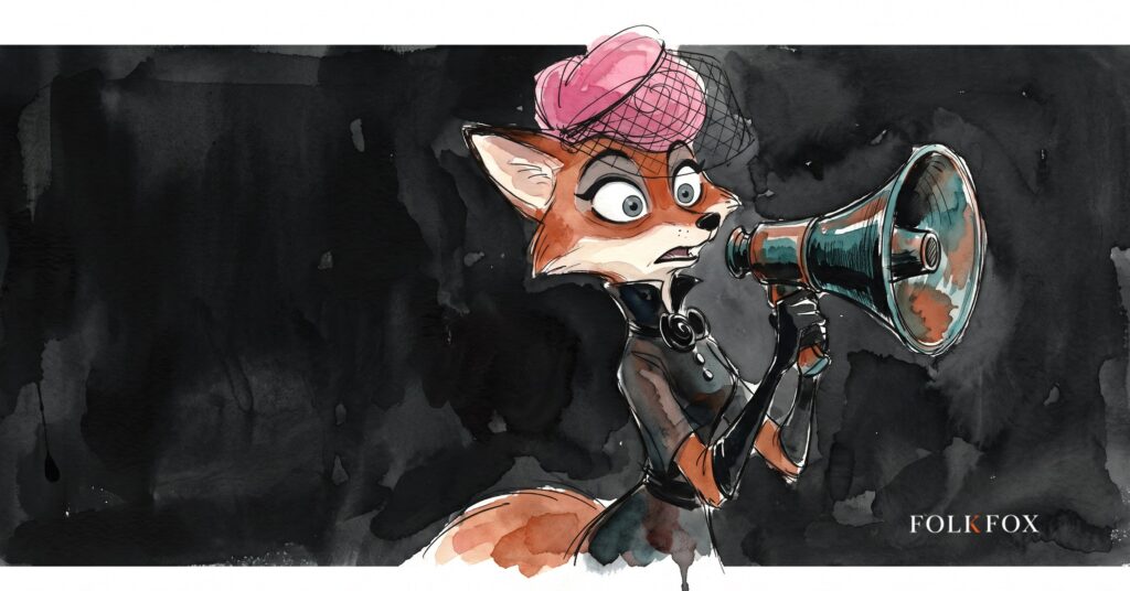 An ink-drawn fox in a folkfox forest beside a megaphone, illustrating third party risk management.