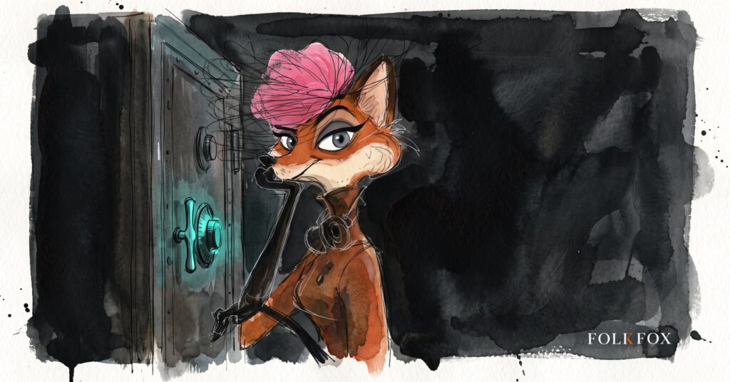 An ink-drawn fox holding one key before a row of identical doors, illustrating third party risk management when one platform opens many