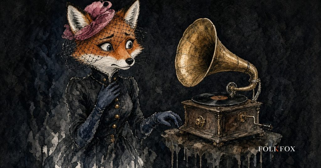 An ink-drawn fox in a folkfox forest beside a gramophone, illustrating ticket scalping laws.