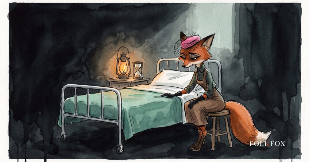 transgender healthcare, a vigil kept for someone who could not be seen: an ink-drawn fox sits beside an empty, freshly made hospital bed as a lantern gutters and an hourglass runs low