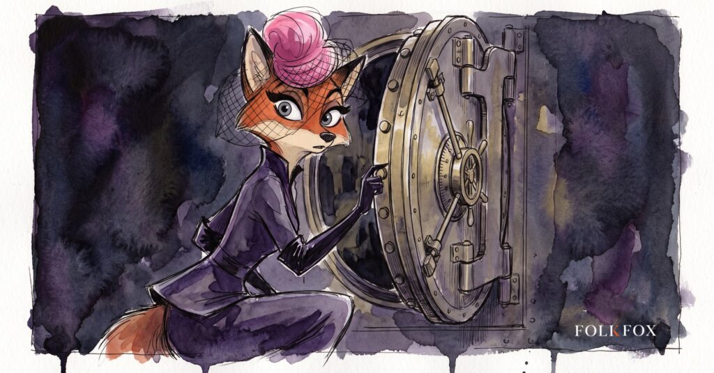 An ink-and-watercolour fox studies a vault door on a moonlit ridge, weighing Visa's search for a new stablecoin settlement partner