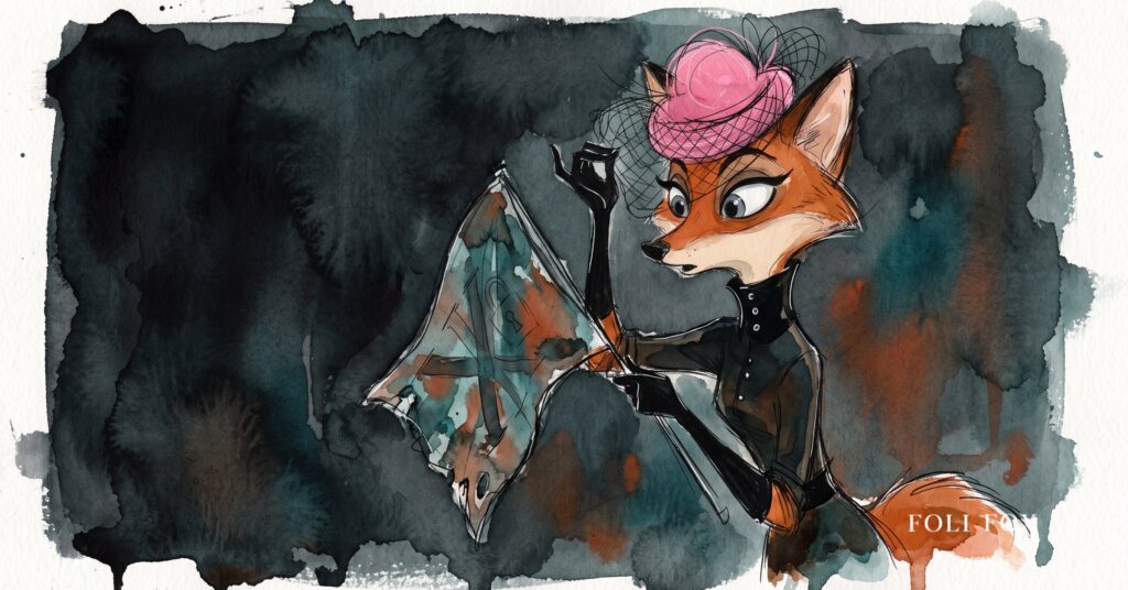 An ink-drawn fox in a folkfox forest beside a flag, illustrating vulnerability disclosure policy.