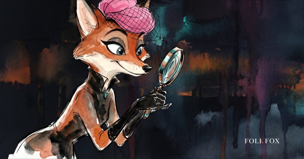 A curious fox peering through a magnifying glass in a shuttered pine wood, illustrating a vulnerability disclosure program hunting for hidden flaws