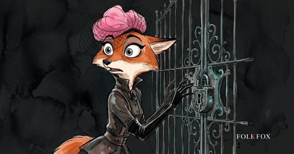 An ink-drawn fox watching a clock beside an open gate, illustrating vulnerability management against a twenty seven minute intrusion