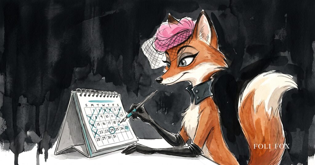 An ink-drawn fox in a folkfox forest beside a calendar, illustrating vulnerability management solutions.