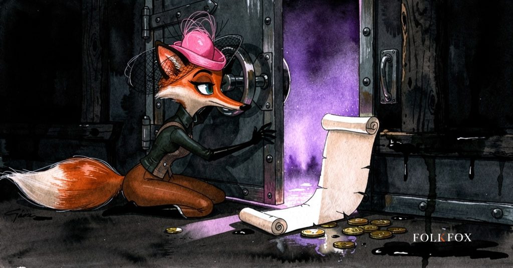 A keen fox noses open a vault in a moonlit pine wood, violet light falling across a blank scroll instead of the coins within, a web3 marketing scene about choosing explanation over price.