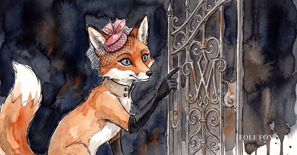 An ink-drawn fox opening a small side gate beside a grand front door, the webmcp idea of a second entrance built for agents