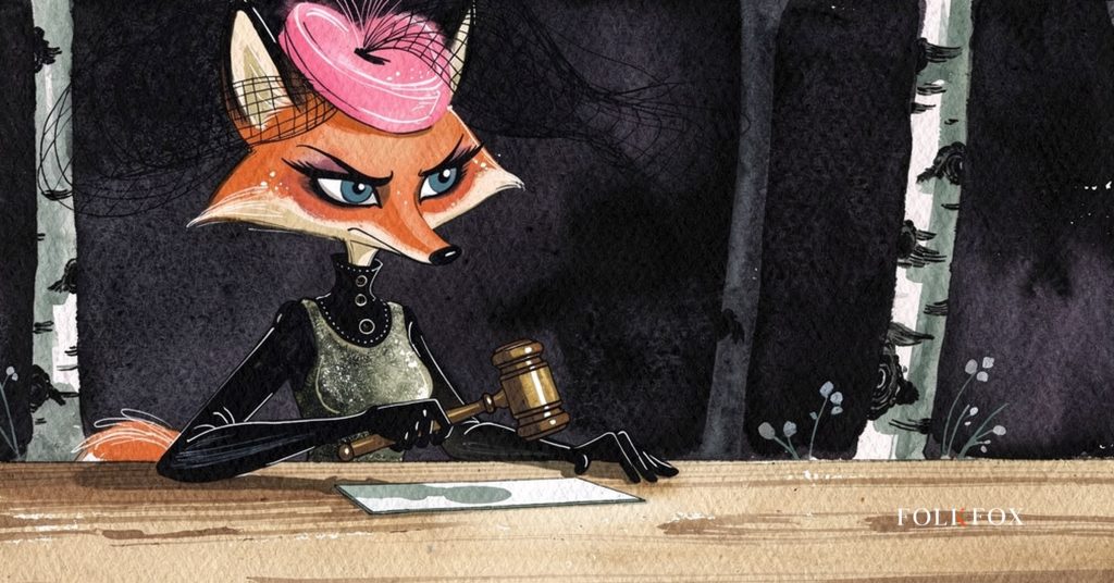 An ink-drawn fox holding a gavel over a small adhesive patch, weighing the weight loss claims printed beside it