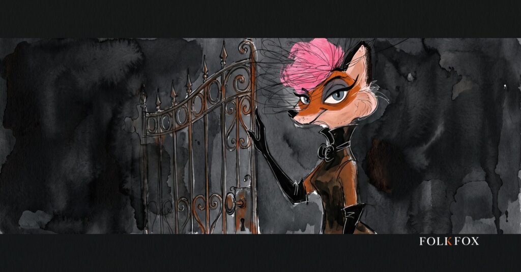 An ink-drawn fox standing at a half-open gate on a moonlit ridge, wary of what the x ads api lets through