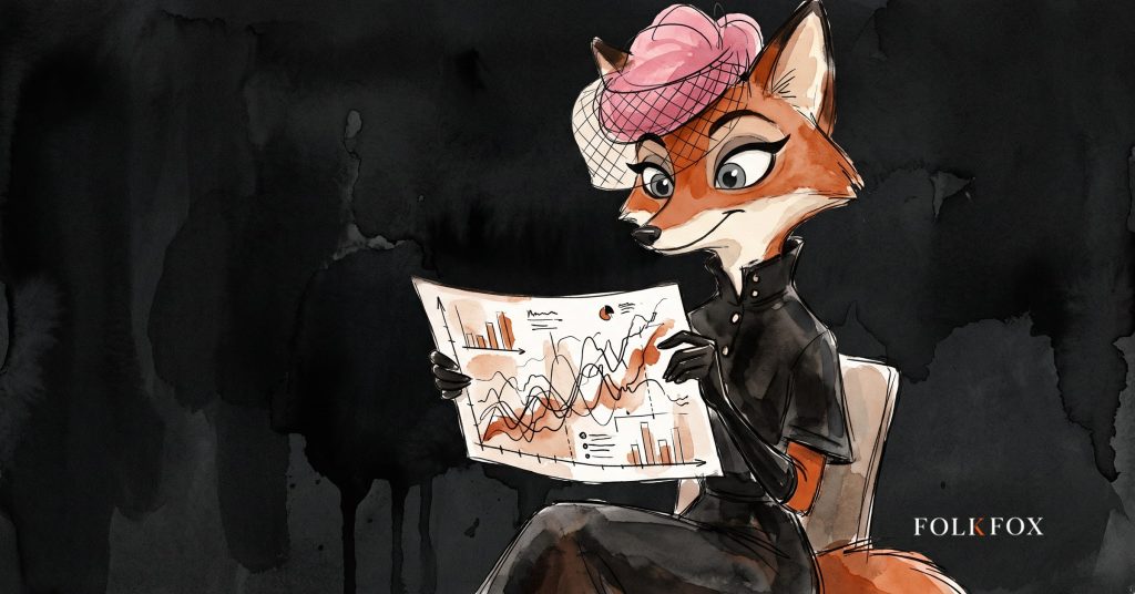 A watercolour fox studies two mismatched counters, checking what her youtube analytics dashboard is really telling her