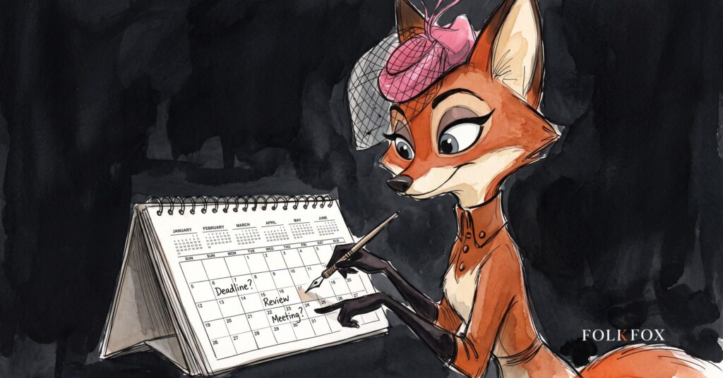 An ink-drawn fox in a folkfox forest beside a calendar, illustrating adservices.