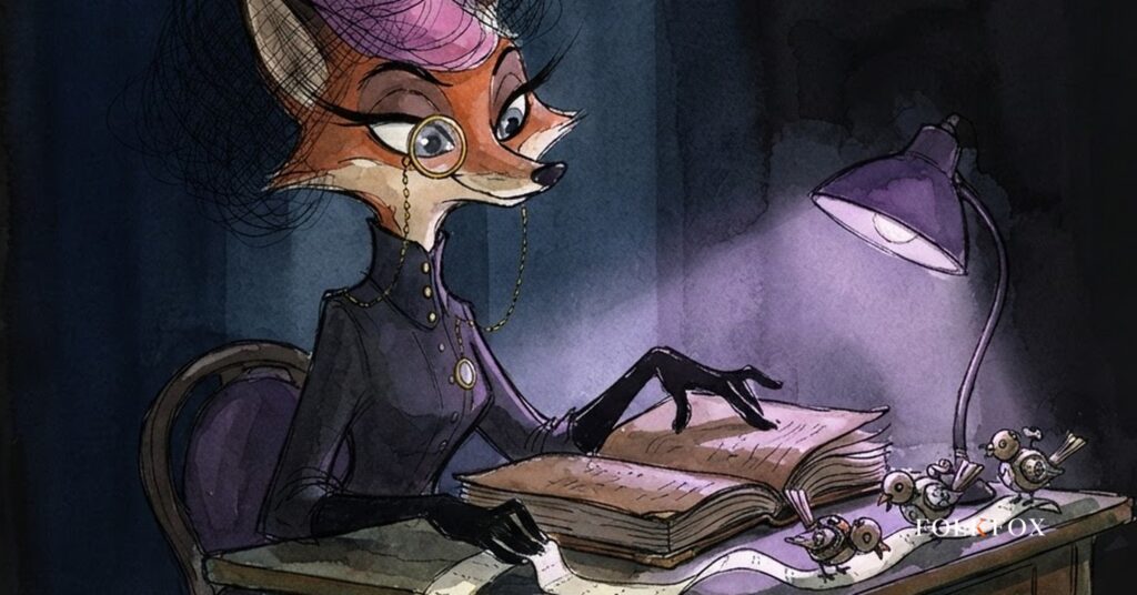 A watercolour fox watching clockwork birds work a ticker tape at a trading desk, a picture of agentic trading