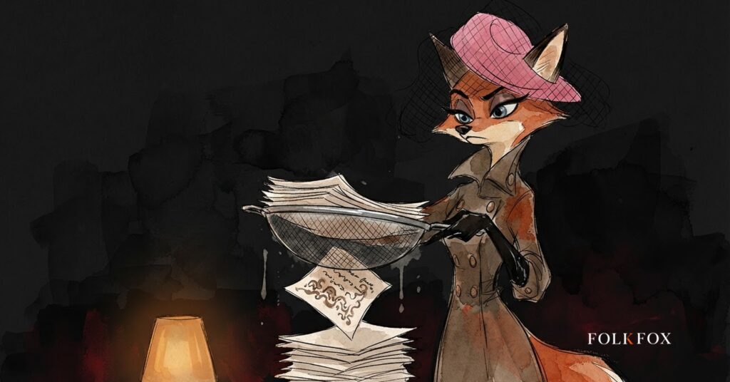 Watercolour fox sifting a stack of identical pages through a garden sieve, a picture of ai content seo during a spam update