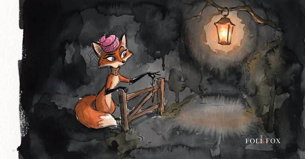An ink-drawn fox drawing a small barrier across a side path while the main lane stays open beneath a lantern, AI Crawl Control refusing training and keeping search