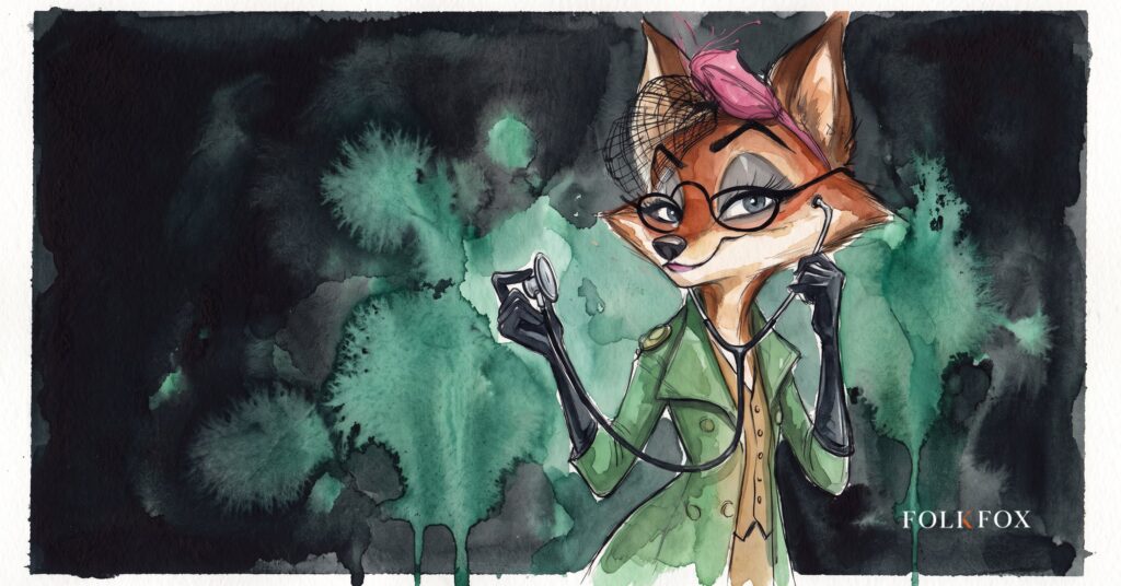 An ink-drawn folkfox vixen holding a stethoscope, illustrating AI healthcare regulation.