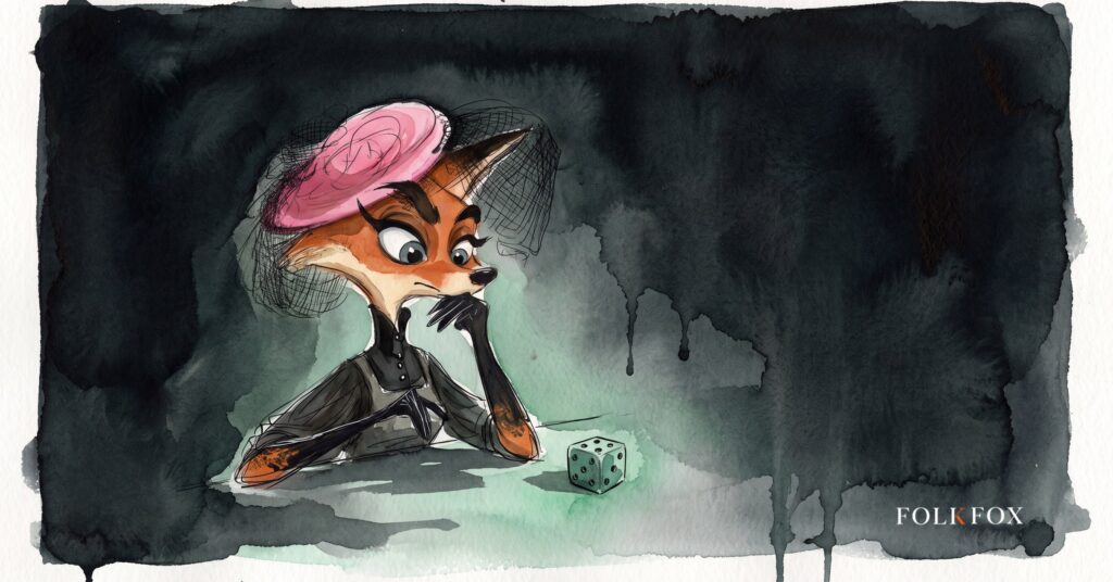 An ink-drawn fox in a folkfox forest beside a dice, illustrating ai marketing agent.