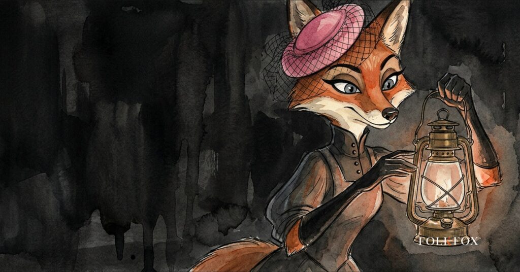 An ink-drawn fox in a folkfox forest beside a lantern, illustrating ai marketing platform.