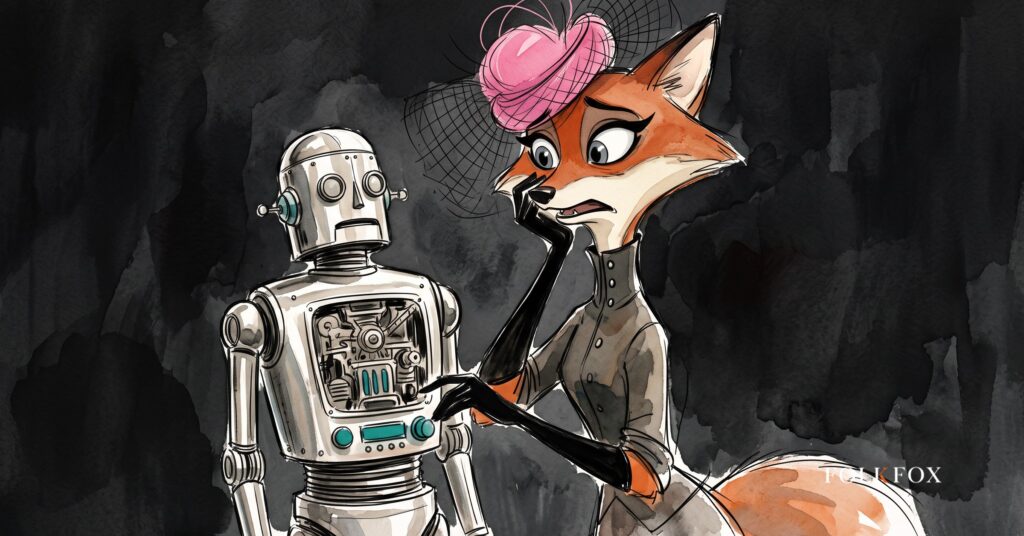 An ink-drawn fox in a folkfox forest beside a robot, illustrating ai model security.