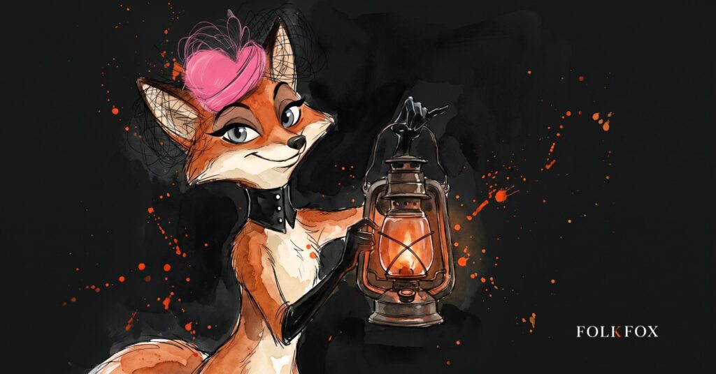 A playful fox turning a vinyl sleeve towards a fan for AI music marketing licensed fan creativity