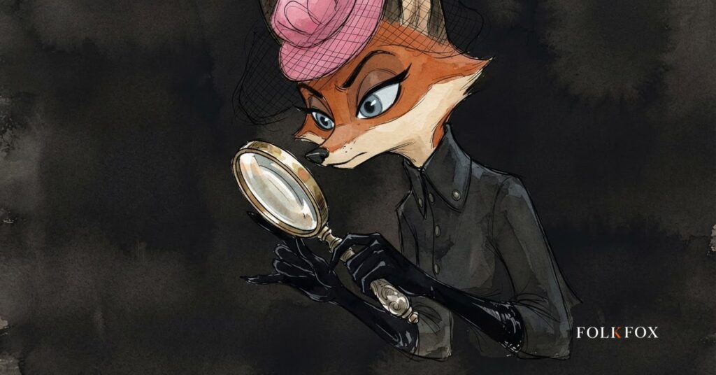An ink-drawn vixen holds a magnifier over a scroll, checking AI Overview accuracy against its cited sources