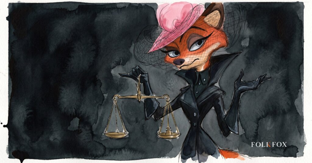 A watercolour fox beside a tilted set of scales, illustrating amazon ppc advertising and the FTC's Amazon ad auction lawsuit