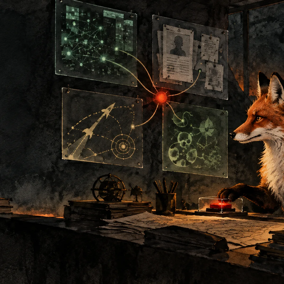 AI security incident response shown as a fox monitoring weapons, cyber and surveillance signals