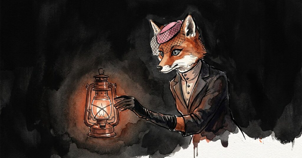 An ink-drawn fox in a folkfox forest beside a lantern, illustrating app store optimization agency.