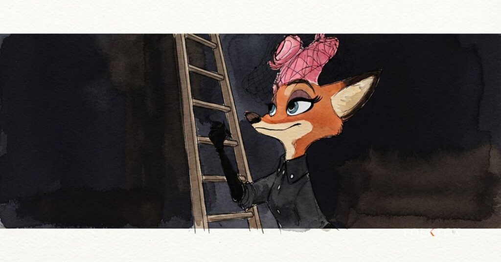 An ink-drawn fox in a folkfox forest beside a ladder, illustrating app store search optimisation.