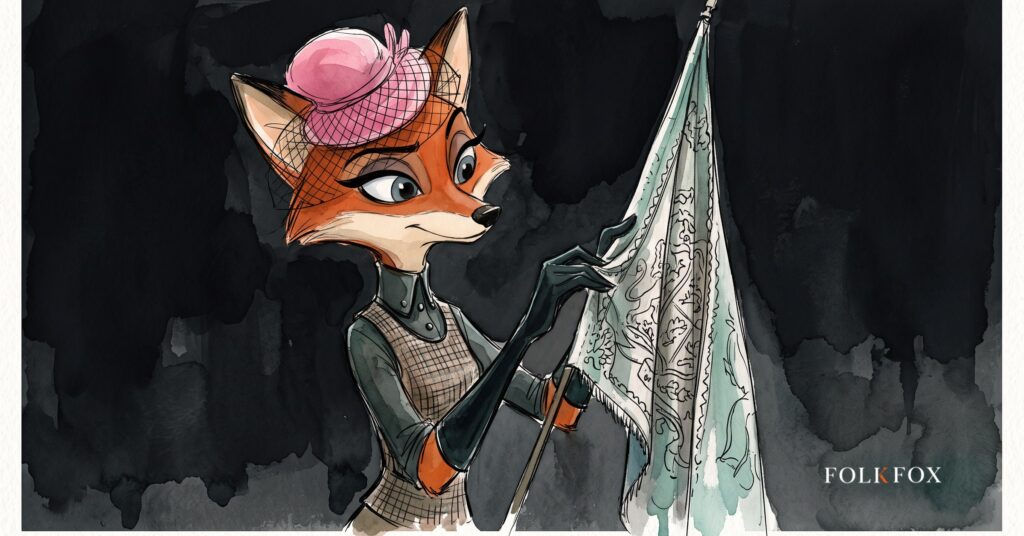 An ink-drawn fox in a folkfox forest beside a flag, illustrating apple health.