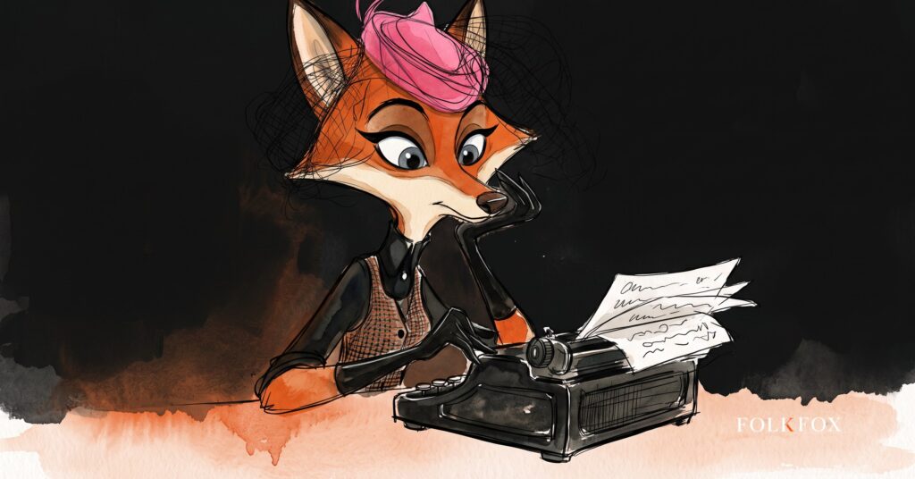 An ink-drawn fox in a folkfox forest, illustrating apple shopping ads.