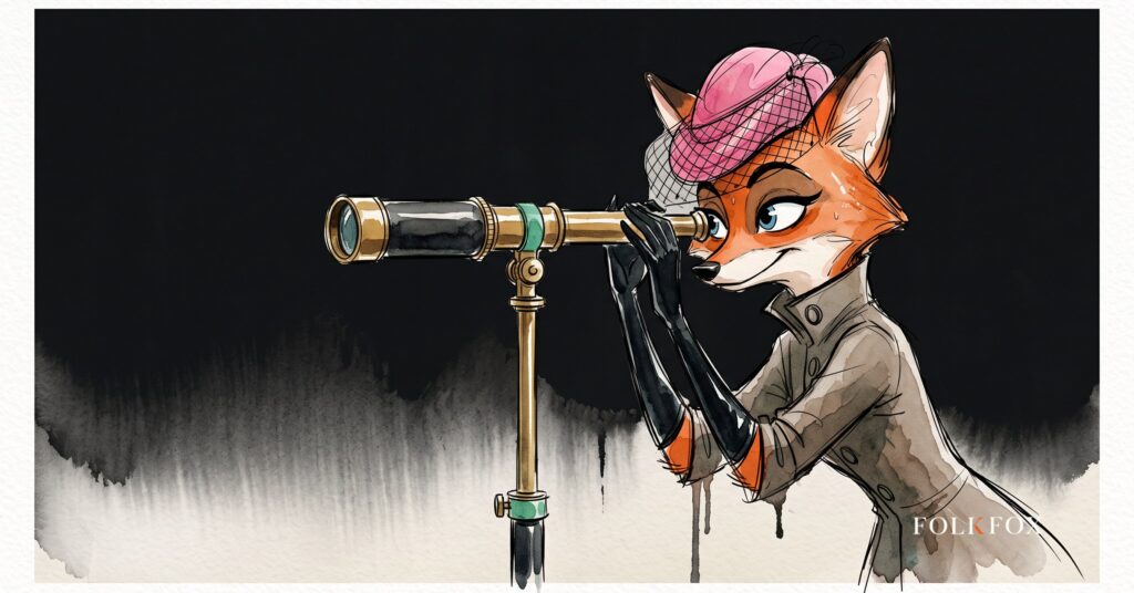 An ink-drawn fox in a folkfox forest, illustrating sweat apple ads.