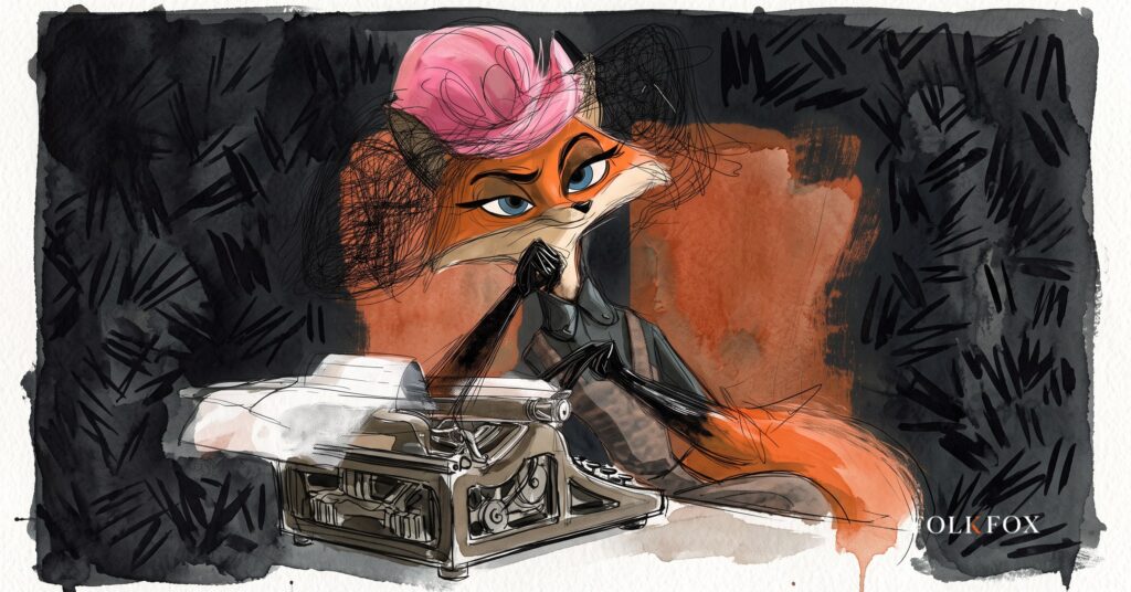 An ink-drawn fox in a folkfox forest, illustrating apple utilities ads.