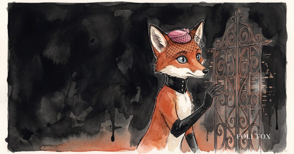 augmented reality advertising and the borrowed window: an ink-drawn fox curious before a gate that opens onto a painted scene