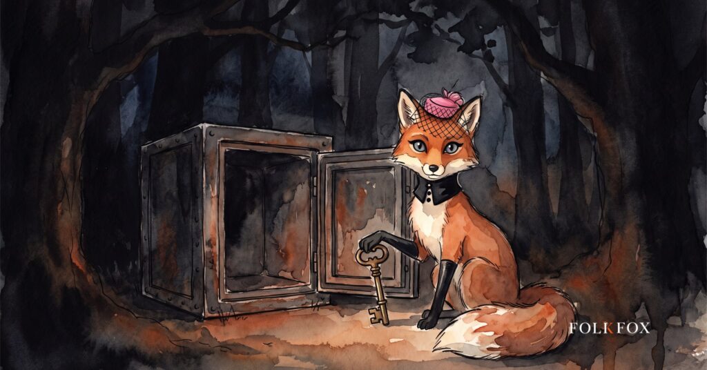 An ink and watercolour fox inspecting a small iron vault, painted for the bank charter acquisition analysis