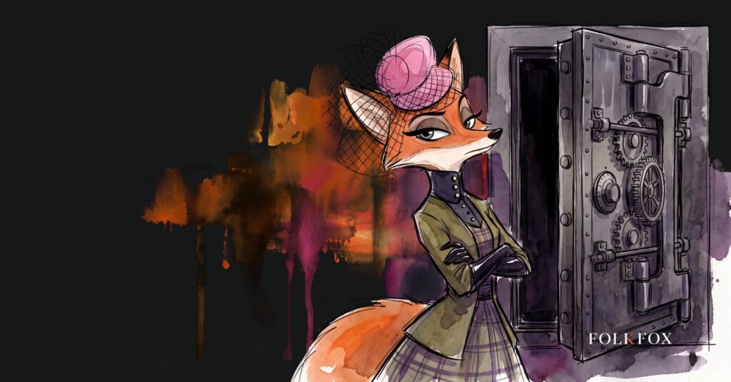 digital asset marketing fox watches a queue of bankers arrive at a stone vault, unbothered by the crowd