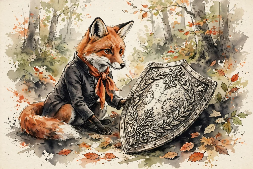 An ink-drawn fox in a folkfox forest, illustrating bing shopping free listings.