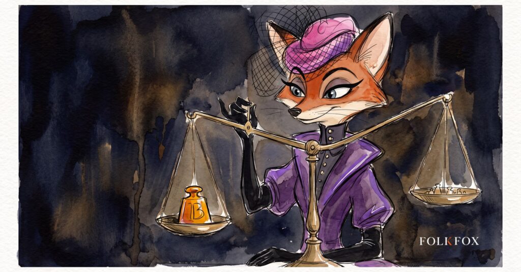 blockchain marketing fox weighs one heavy braided rope against a heap of loose thread on a moonlit ridge