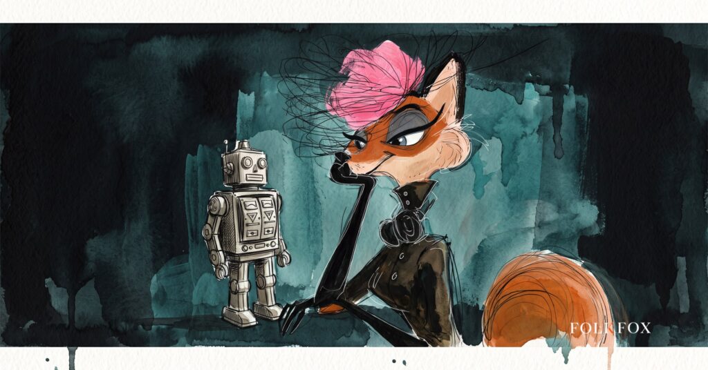 An ink-drawn fox in a folkfox forest beside a robot, illustrating bnpl companies.