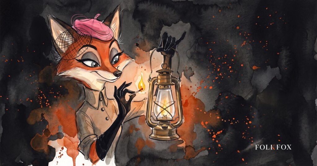 A playful fox trying on a polished boot beside a blank pharmacy bag