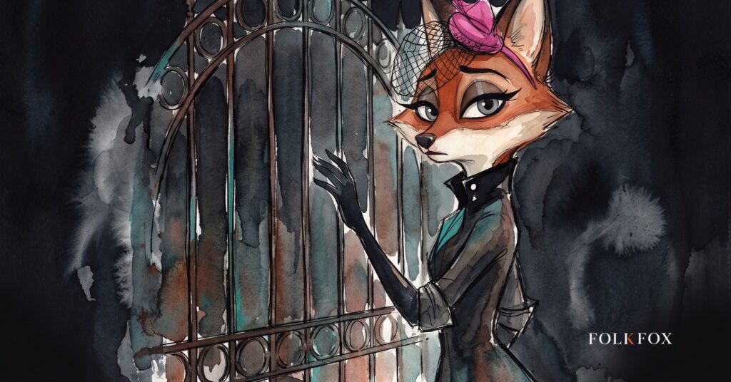 casino marketing after the shops close: an ink-drawn fox outside a shuttered shopfront holding a glowing handheld screen