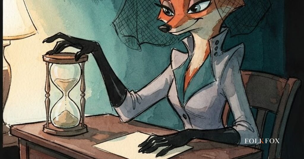A watercolour fox turning an hourglass beside a plain card, a picture of a charge card that must be cleared each month