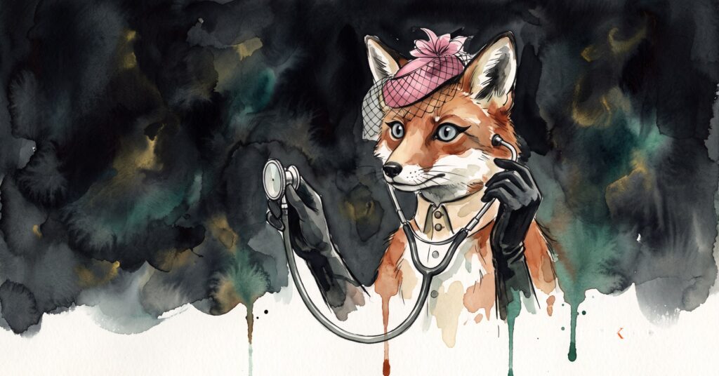The folkfox vixen listens through a stethoscope to a chart of participants in the CMS ACCESS model for digital health marketing