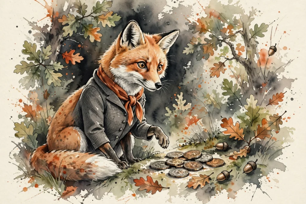 An ink-drawn fox in a folkfox forest, illustrating compare and decide ads microsoft.