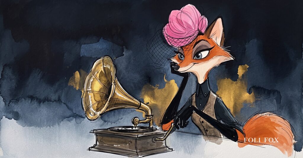 An ink-drawn fox in a folkfox forest beside a gramophone, illustrating concert promotion.
