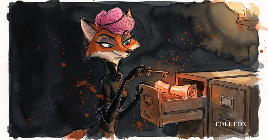 An ink-drawn fox weighs a brass key beside an open archive drawer, picturing content licensing decisions for a regulated brand