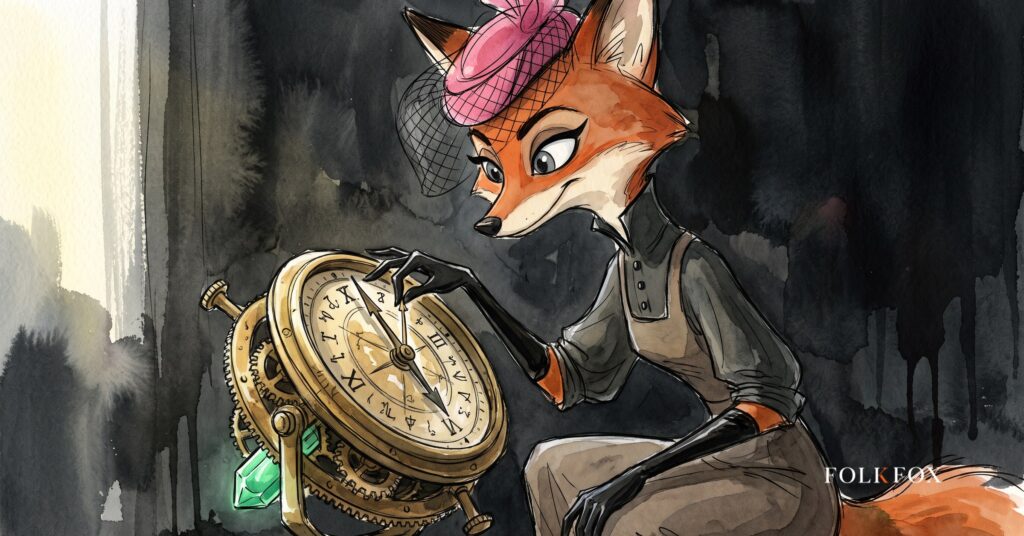 An ink-drawn fox on a ridge studying a set of measurement dials, illustrating content marketing roi in the age of AI Overviews.
